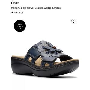 Clarks Merliah2 Belle Flower Shoes Women's Size 8.5D Blue Leather Wedge Sandals